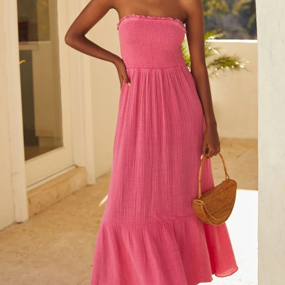NWT Anthropologie Marisol Pink Smocked Dress Large Petite - Picture 3 of 6